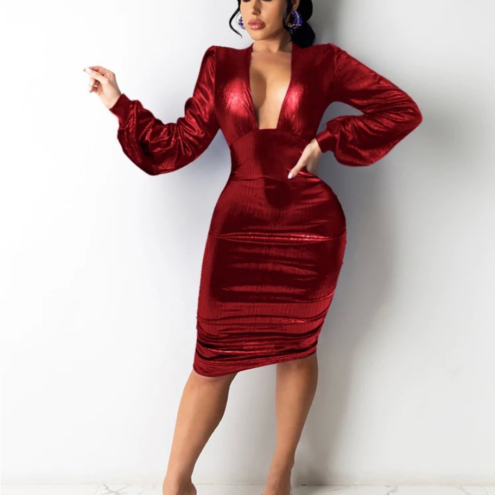 Red Ruched Bodycon Dress with Plunge Neckline